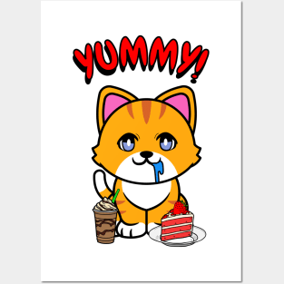 Cute orange cat is having coffee and cake Posters and Art